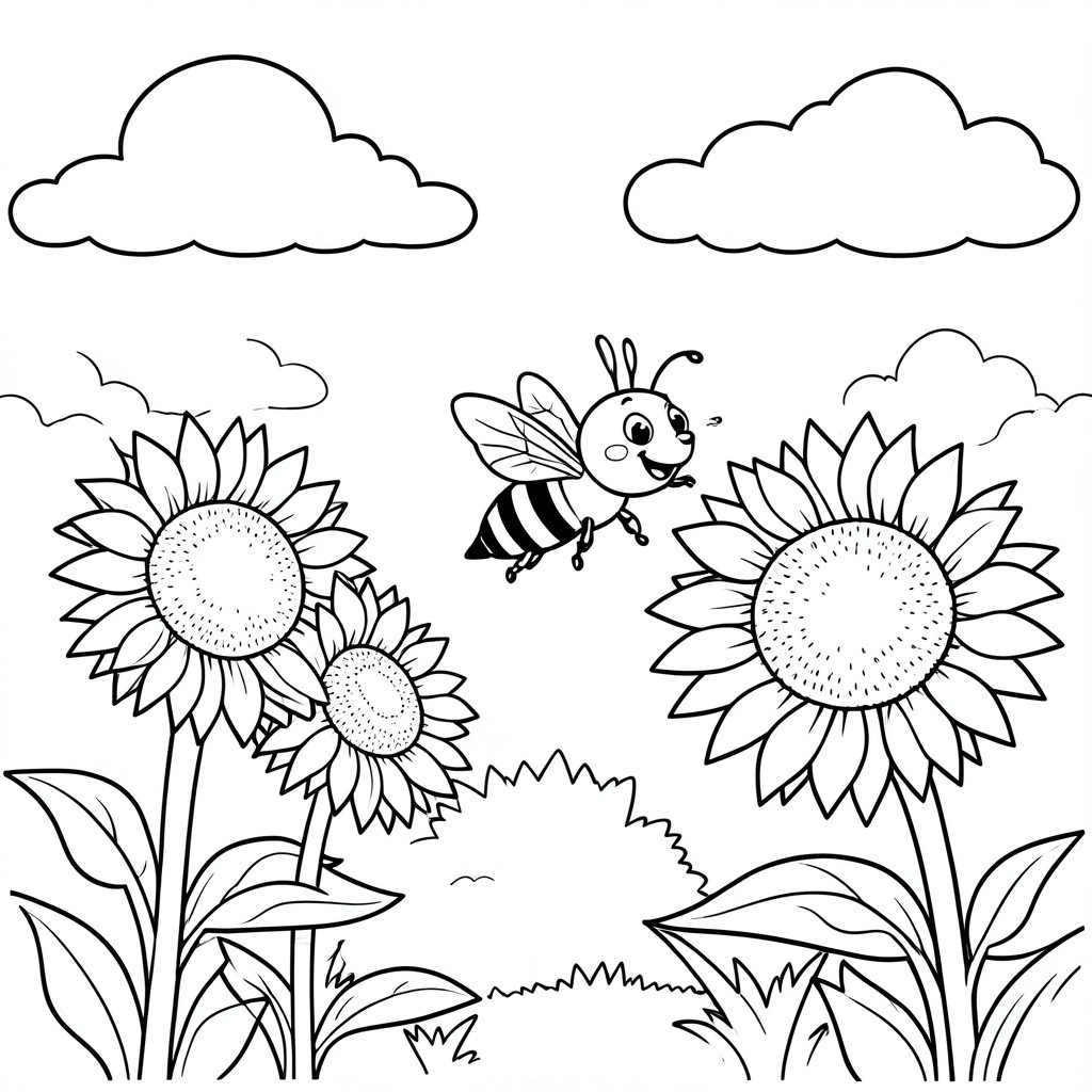 Bee Flying Near sunflowers – smiling bee buzzing near oversized sunflowers and clouds. Very simple garden scene.
