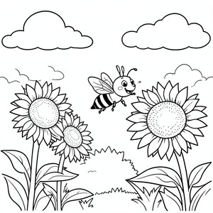 Bee Flying Near sunflowers – smiling bee buzzing near oversized sunflowers and clouds. Very simple garden scene.
