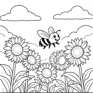 Bee Flying Near sunflowers – A large smiling bee buzzing near sunflowers and clouds. Very captive garden scene.
