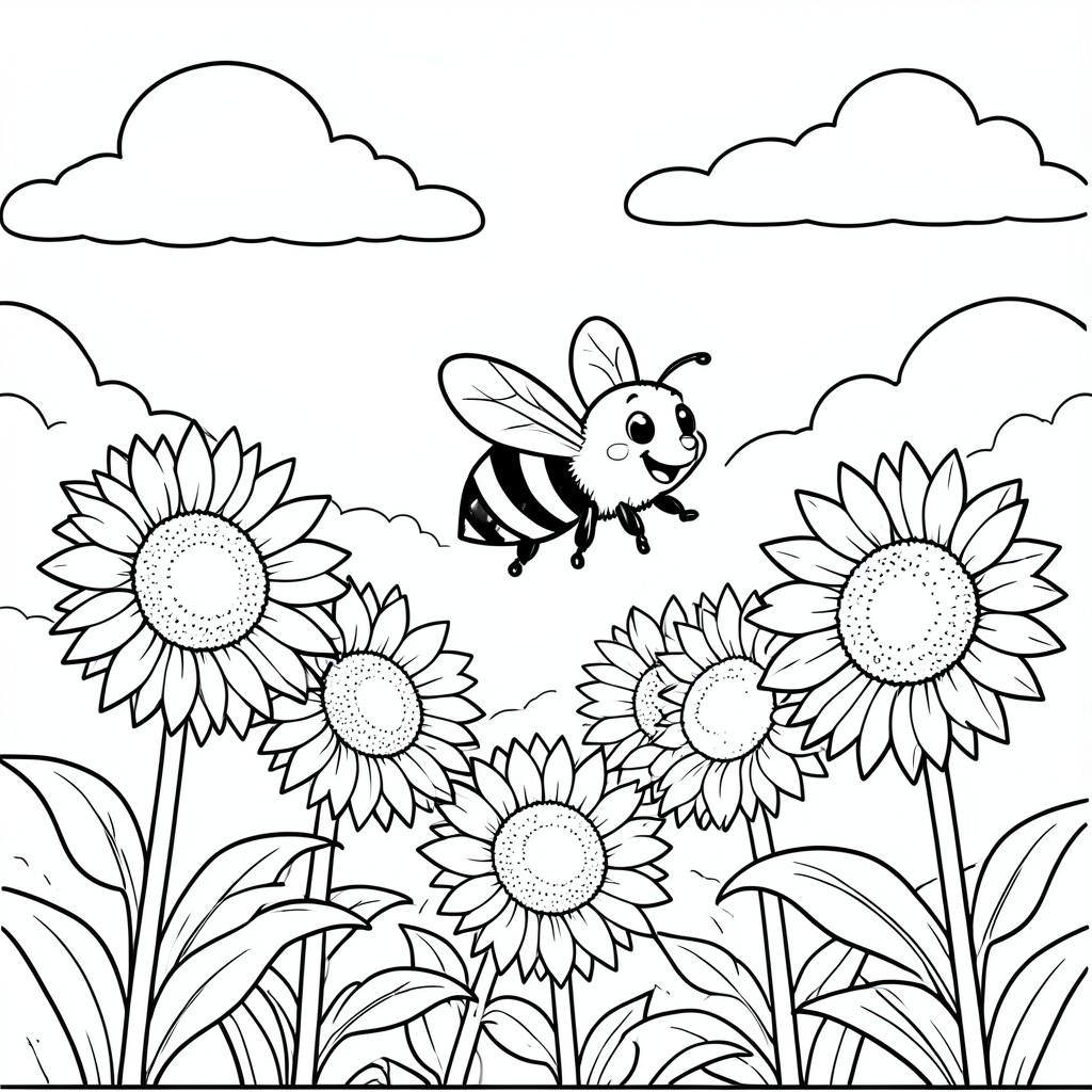 Bee Flying Near sunflowers – A large smiling bee buzzing near sunflowers and clouds. Very captive garden scene.