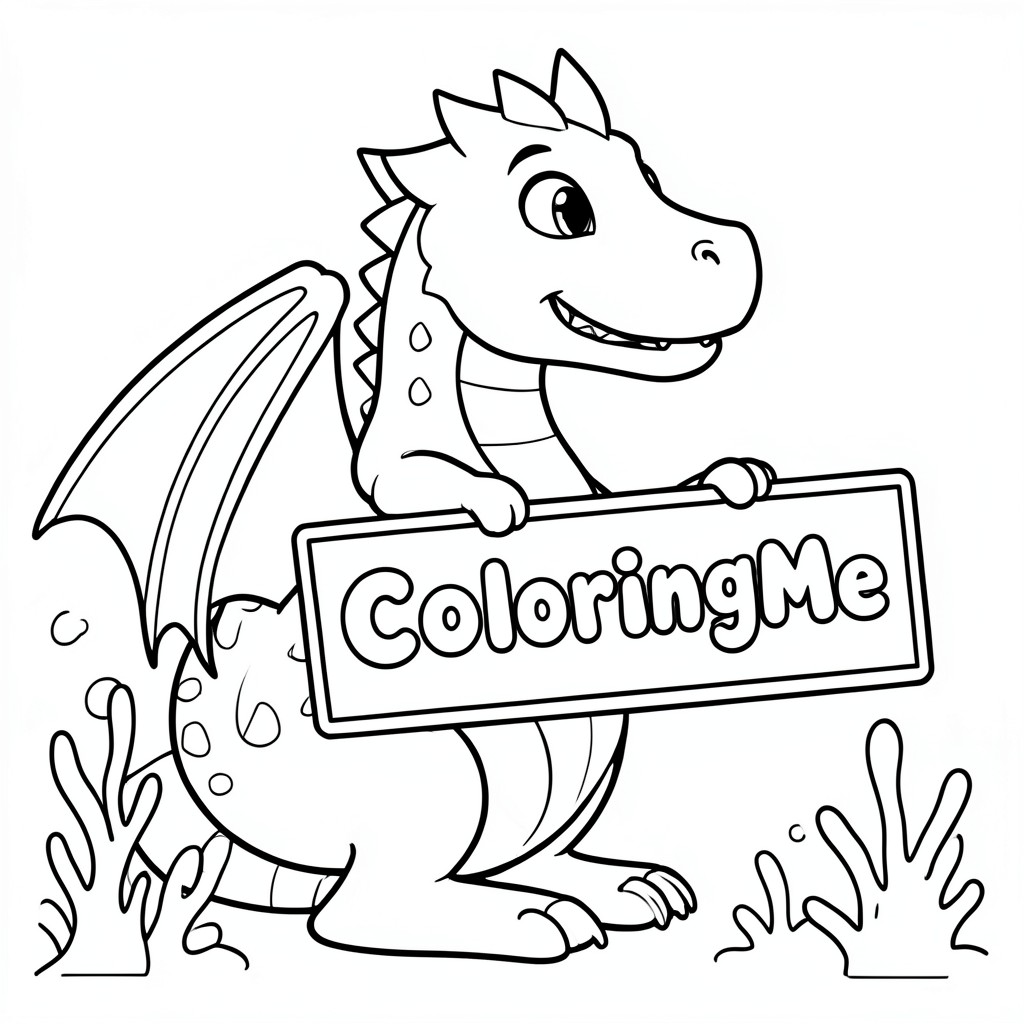 A profile view of a friendly dragon, holding a sign with "ColoringMe" written in white bubble letters, in profile, in a underwater cora