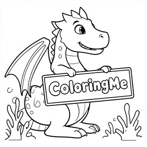 A profile view of a friendly dragon, holding a sign with "ColoringMe" written in white bubble letters, in profile, in a underwater cora