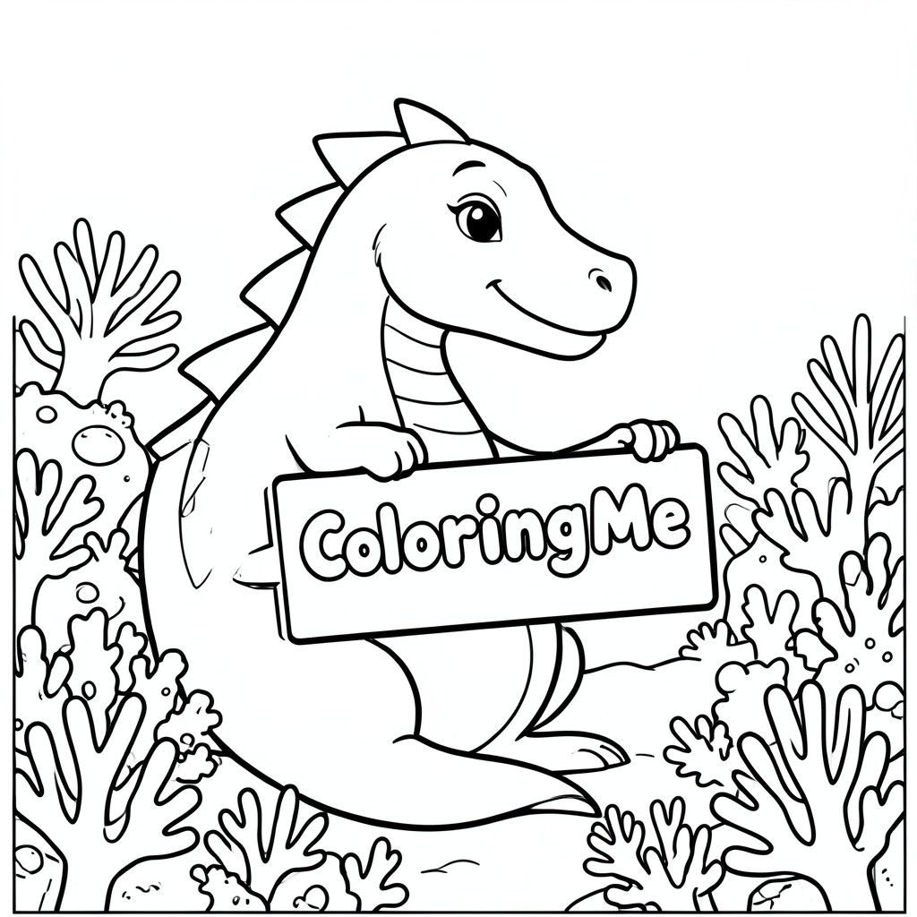 Minimalist children's coloring page, bold black outlines, solid pure white interiors, zero shading lines, zero cross-hatching, zero texture lines, zero grayscale gradients, clean vector art style. A profile view of a friendly dragon, holding a sign with "ColoringMe" written in white bubble letters, in profile, in a underwater coral reef kingdom, surrealist style - square style page 