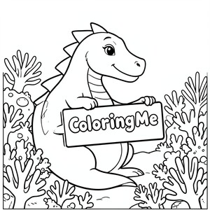 Minimalist children's coloring page, bold black outlines, solid pure white interiors, zero shading lines, zero cross-hatching, zero texture lines, zero grayscale gradients, clean vector art style. A profile view of a friendly dragon, holding a sign with "ColoringMe" written in white bubble letters, in profile, in a underwater coral reef kingdom, surrealist style - square style page 