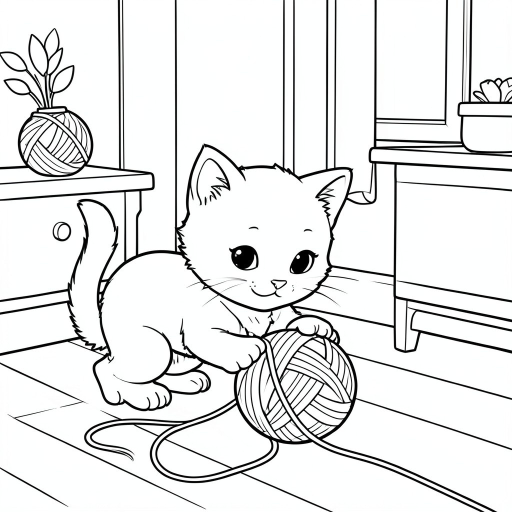 Cat Playing with Yarn – A playful kitten batting a ball of yarn across the floor with a simple cozy room background.
