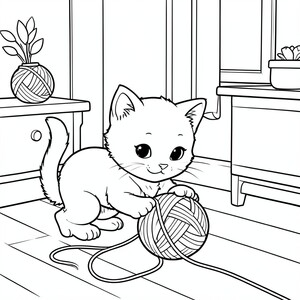 Cat Playing with Yarn – A playful kitten batting a ball of yarn across the floor with a simple cozy room background.
