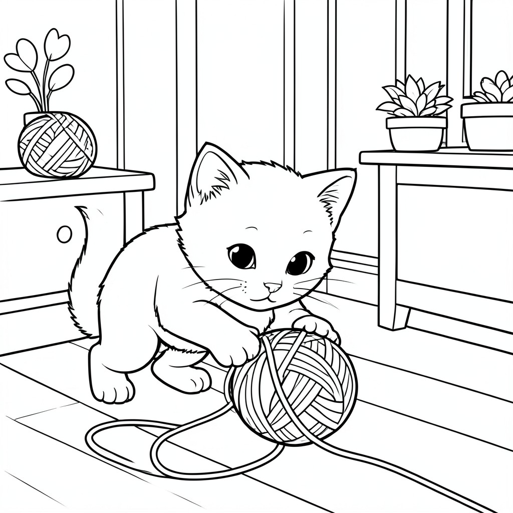 Cat Playing with Yarn – A playful kitten batting a ball of yarn across the floor with a cozy room background.
