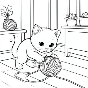 Cat Playing with Yarn – A playful kitten batting a ball of yarn across the floor with a cozy room background.
