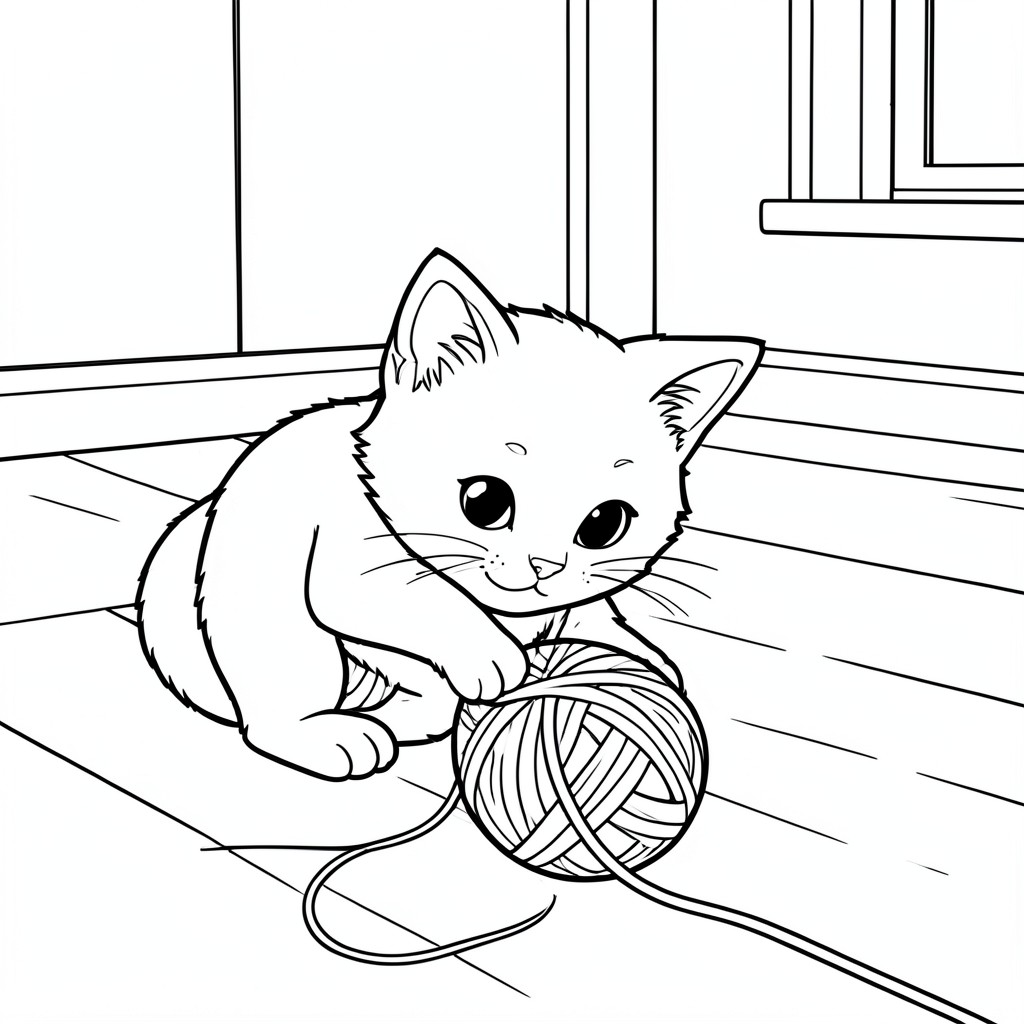 Cat Playing with Yarn – A playful kitten batting a ball of yarn across the floor with a simple room background.
