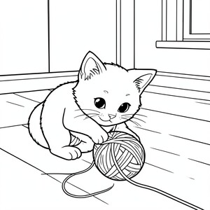 Cat Playing with Yarn – A playful kitten batting a ball of yarn across the floor with a simple room background.
