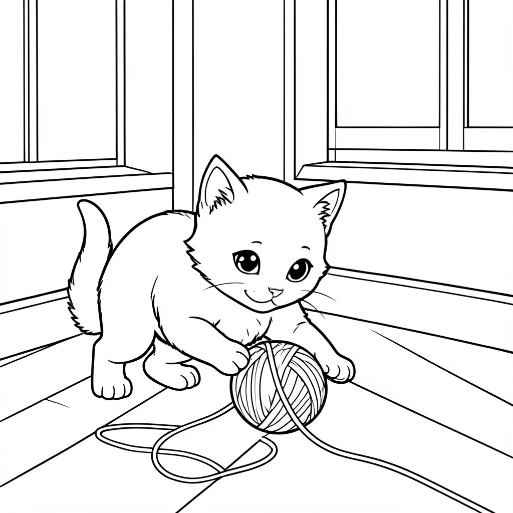 Cat Playing with Yarn – A playful kitten batting a ball of yarn across the floor inside room
