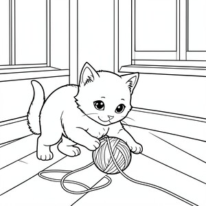 Cat Playing with Yarn – A playful kitten batting a ball of yarn across the floor inside room

