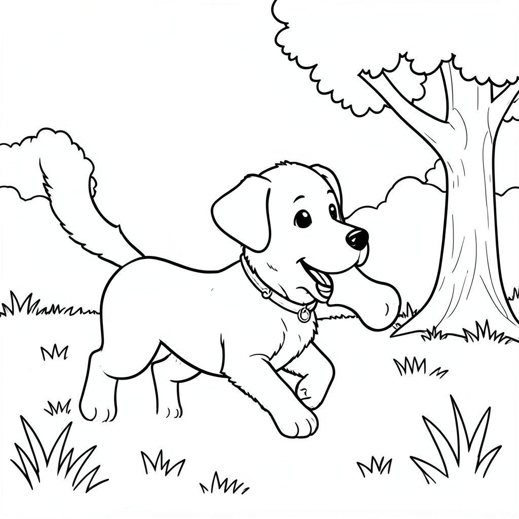 Dog Fetching a Bone – A cheerful puppy running with a bone in its mouth in a grassy park with a tree nearby.