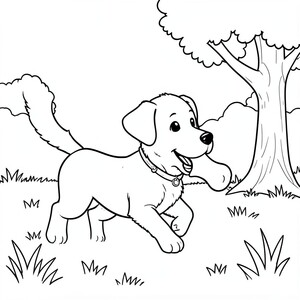 Dog Fetching a Bone – A cheerful puppy running with a bone in its mouth in a grassy park with a tree nearby.