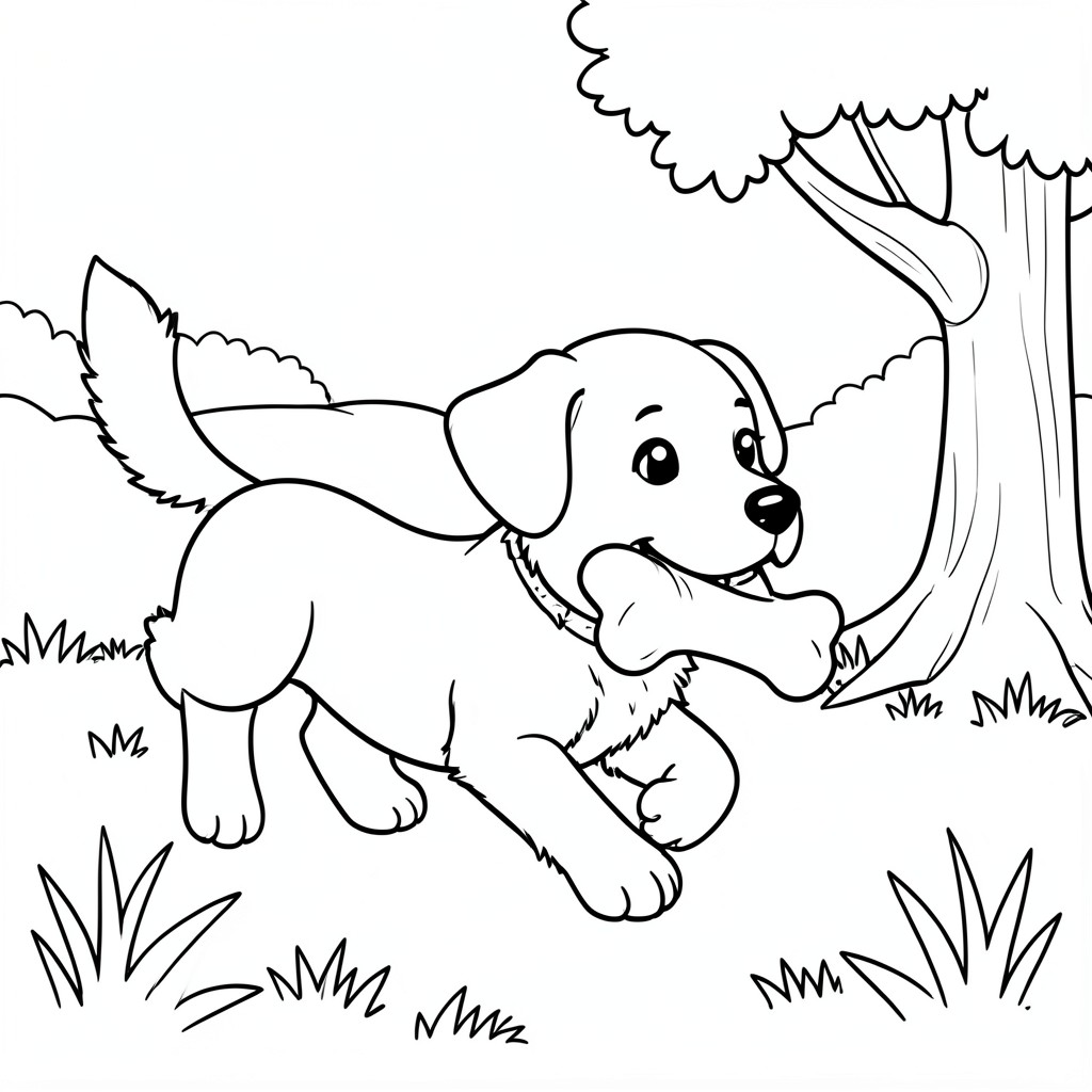Dog biting a bone – A cheerful puppy running with a bone in its mouth in a grassy park with a tree nearby.

