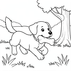 Dog biting a bone – A cheerful puppy running with a bone in its mouth in a grassy park with a tree nearby.
