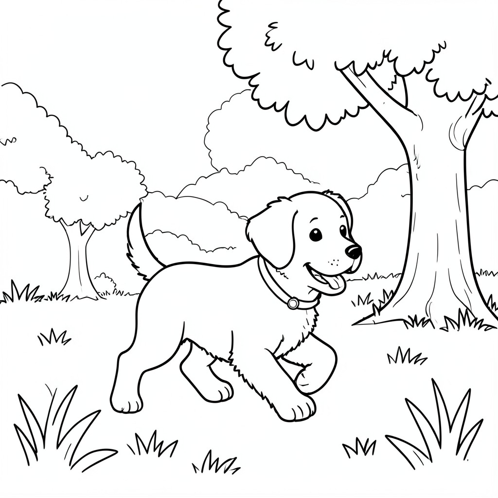 Dog walking – A cheerful puppy running  in a grassy park with a tree nearby.
