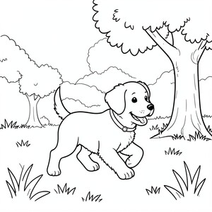 Dog walking – A cheerful puppy running  in a grassy park with a tree nearby.
