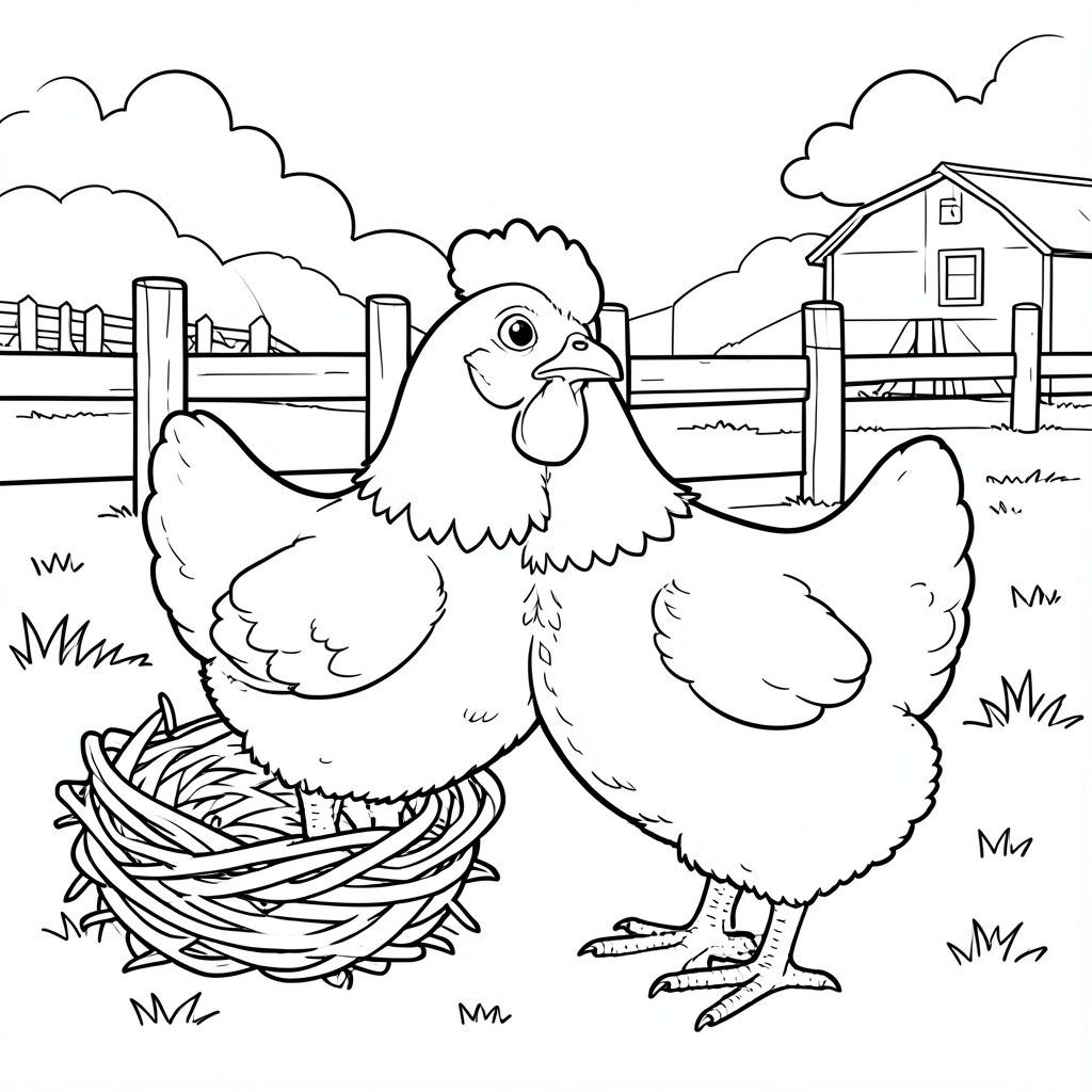 Chicken on a Farm – A fluffy chicken standing beside a nest and fence with simple farm scenery.

