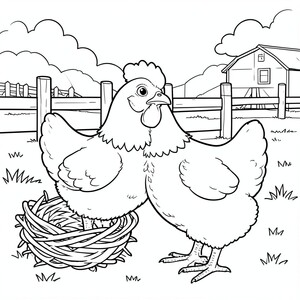 Chicken on a Farm – A fluffy chicken standing beside a nest and fence with simple farm scenery.
