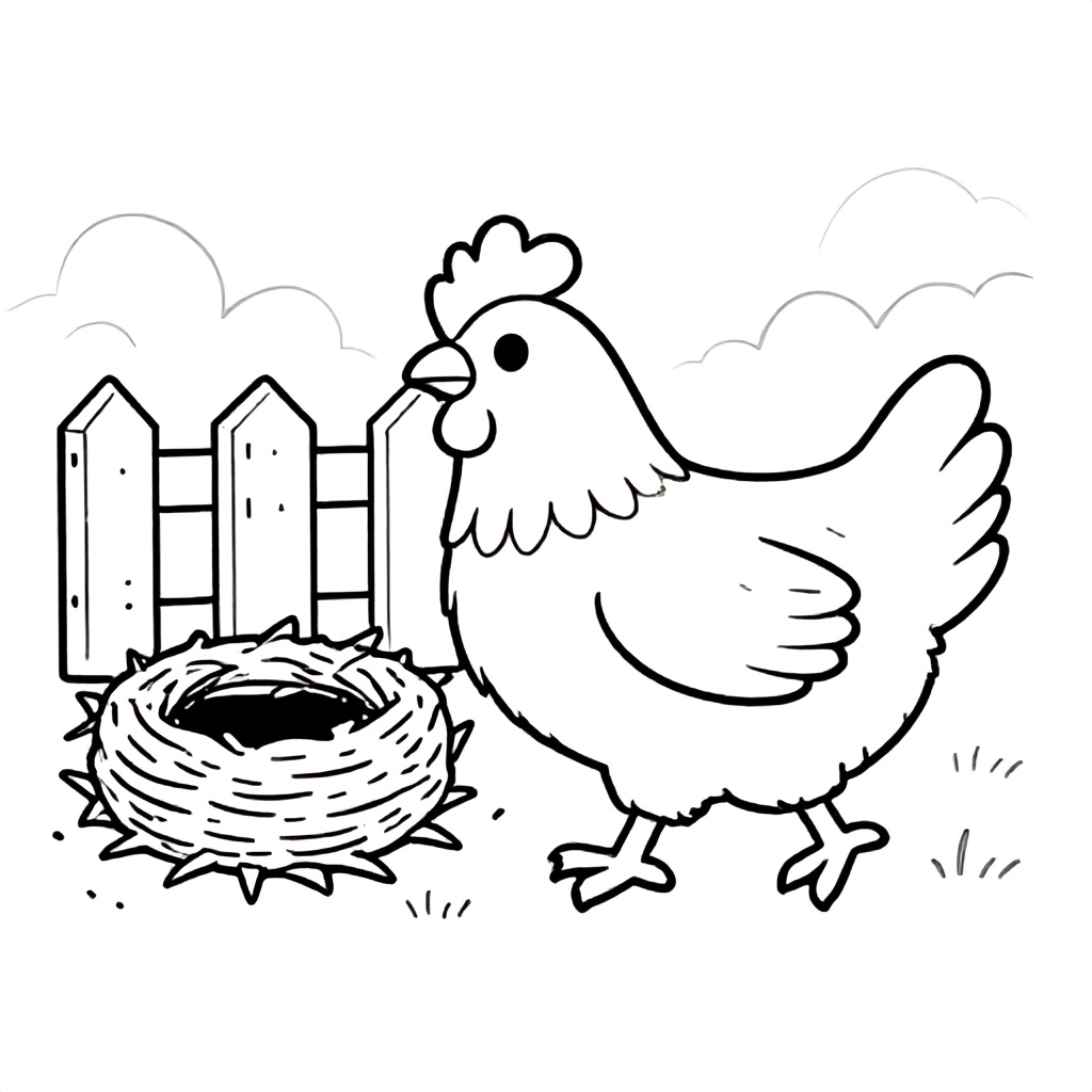 Chicken on a Farm – A fluffy chicken walking beside a nest and fence with simple farm scenery.
