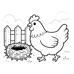 Chicken on a Farm – A fluffy chicken walking beside a nest and fence with simple farm scenery.
