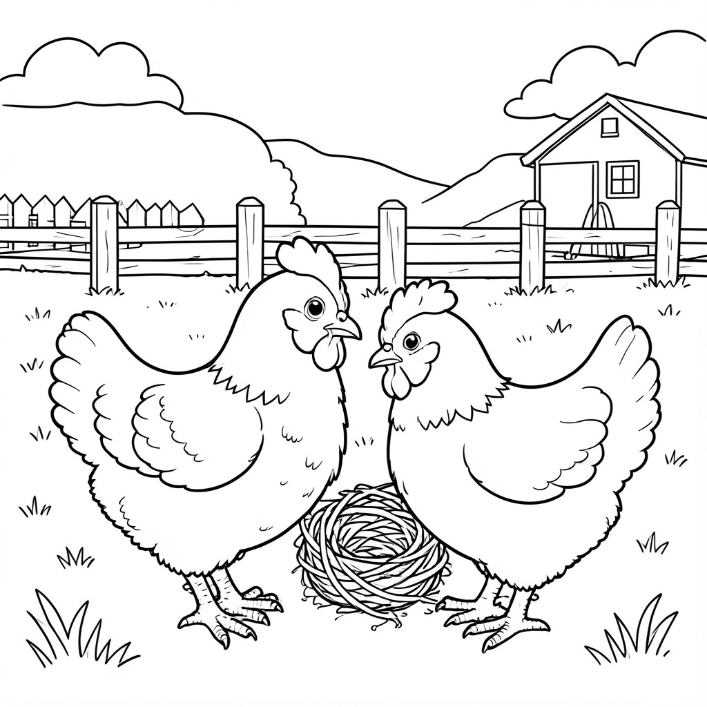 Chickens on a Farm – A fluffy chickens standing beside a nest and fence with simple farm scenery.