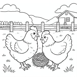 Chickens on a Farm – A fluffy chickens standing beside a nest and fence with simple farm scenery.
