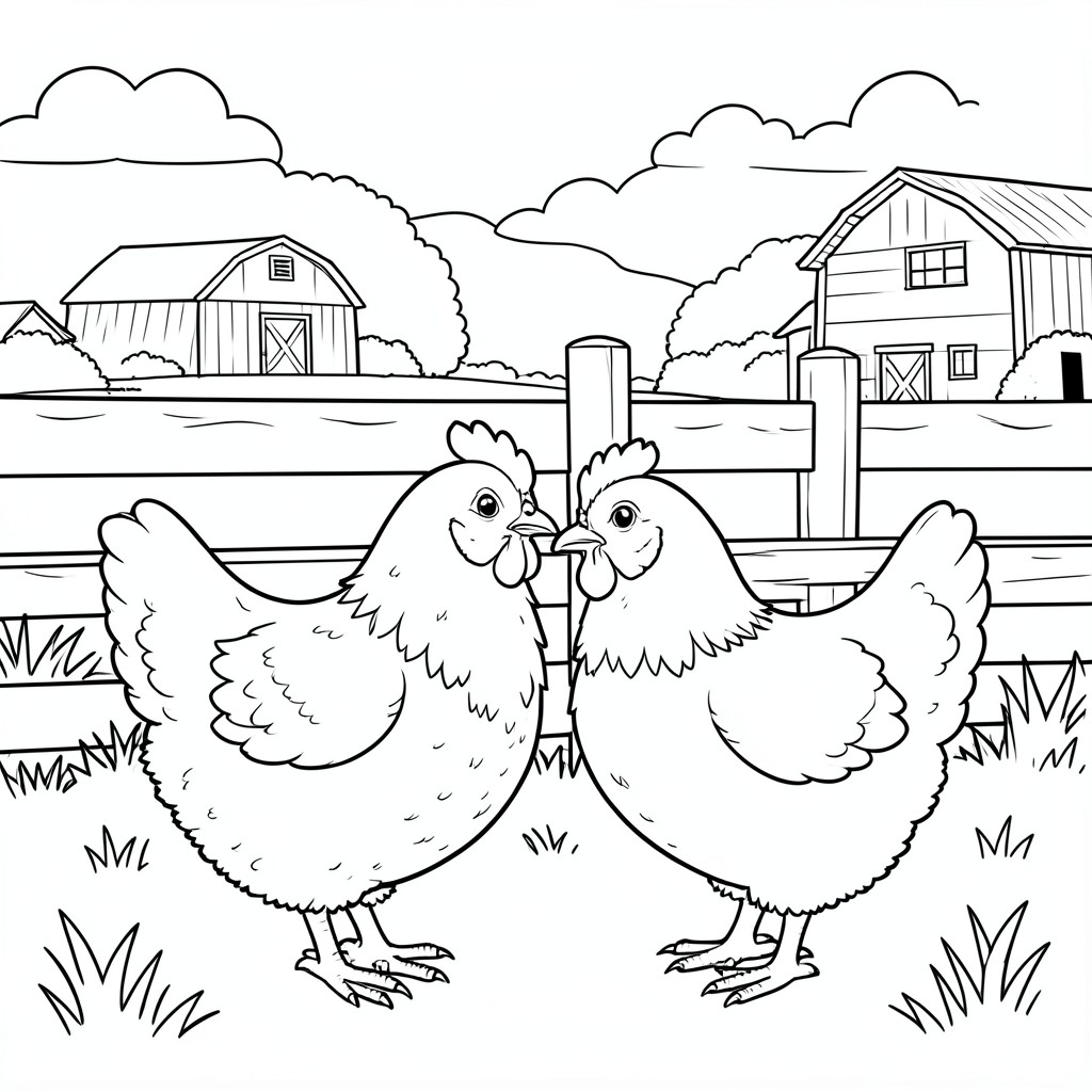 Chickens on a Farm – A fluffy chickens standing beside fence with simple farm scenery.
