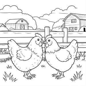 Chickens on a Farm – A fluffy chickens standing beside fence with simple farm scenery.
