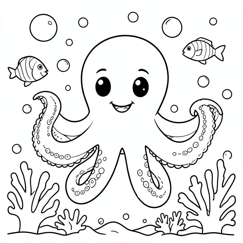 Octopus Under the Sea – A cute octopus with smiling face and curly tentacles surrounded by bubbles, fish, and coral.
