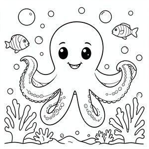 Octopus Under the Sea – A cute octopus with smiling face and curly tentacles surrounded by bubbles, fish, and coral.

