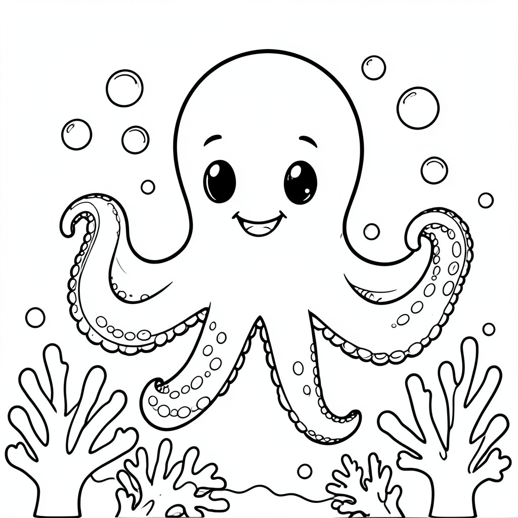 Octopus Under the Sea – A cute octopus with smiling face and curly tentacles surrounded by bubbles and coral.
