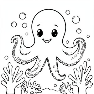 Octopus Under the Sea – A cute octopus with smiling face and curly tentacles surrounded by bubbles and coral.
