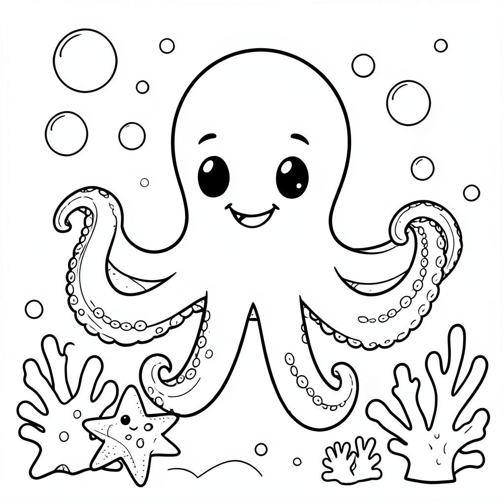 Octopus Under the Sea – A cute octopus with smiling face and curly tentacles surrounded by bubbles, starfish, and coral.
