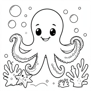 Octopus Under the Sea – A cute octopus with smiling face and curly tentacles surrounded by bubbles, starfish, and coral.
