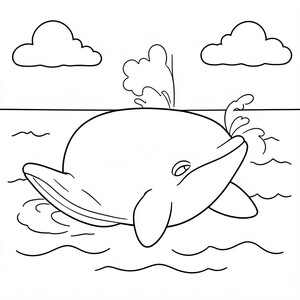 Whale Spouting Water – A friendly whale swimming in the ocean while spraying water from its blowhole. Simple waves and clouds.