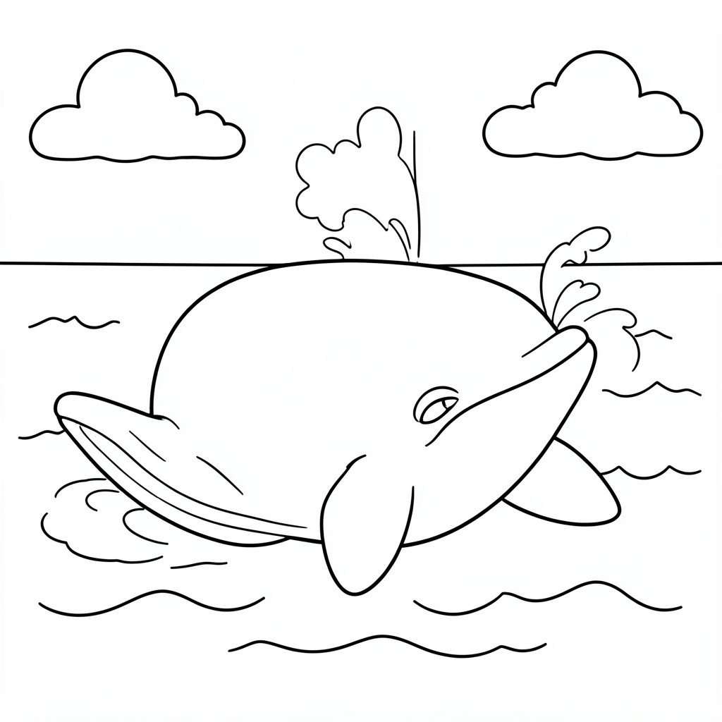 Whale Spouting Water – A friendly whale swimming in the ocean while spraying water from its blowhole. Simple waves and clouds.