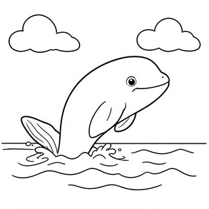 Whale jumping out of water– A friendly whale jumping out of water. Simple waves and clouds.
