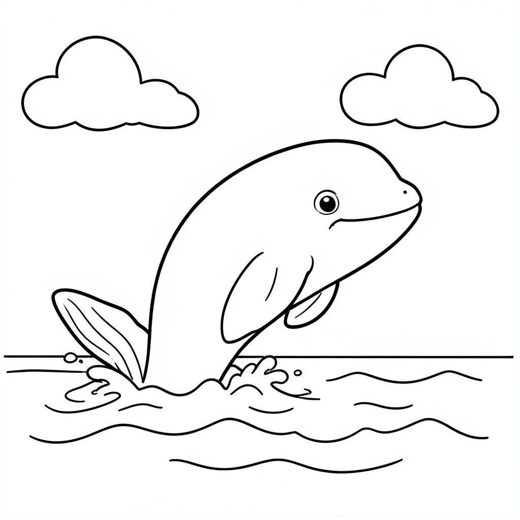Whale jumping out of water– A friendly whale jumping out of water. Simple waves and clouds.
