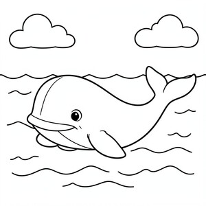 Whale – A friendly whale swimming in the ocean . Simple waves and clouds.
