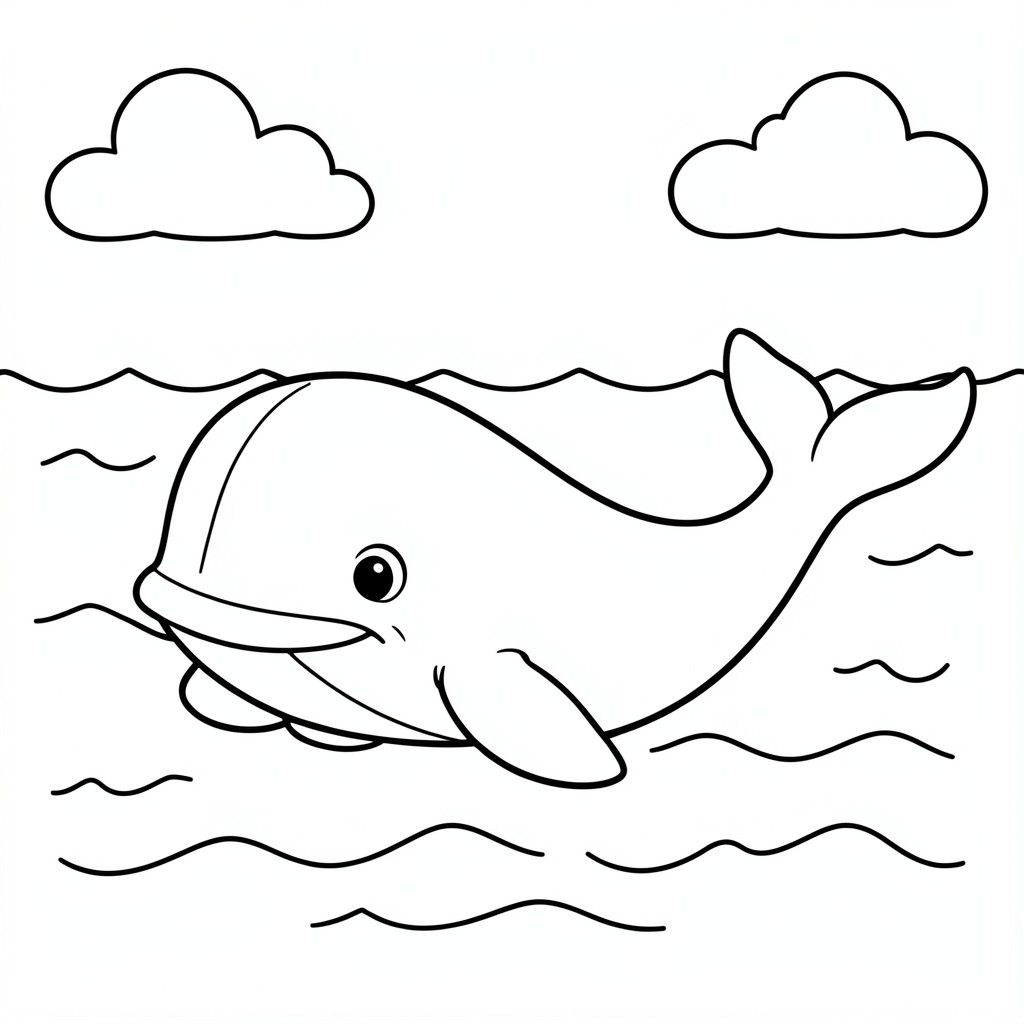 Whale – A friendly whale swimming in the ocean . Simple waves and clouds.
