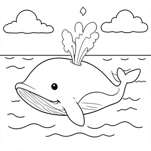 Whales Spouting Water – A friendly whales swimming in the ocean while spraying water from its blowhole. Simple waves and clouds.
