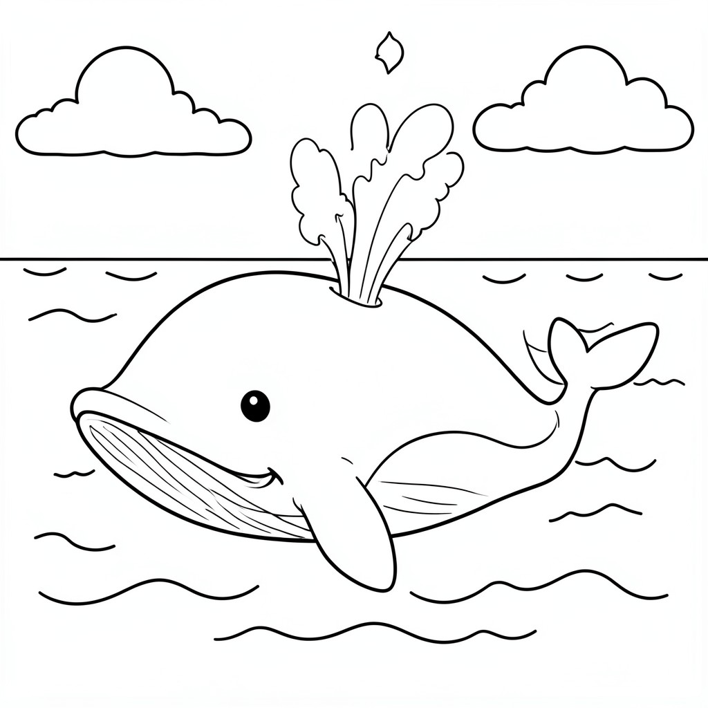 Whales Spouting Water – A friendly whales swimming in the ocean while spraying water from its blowhole. Simple waves and clouds.
