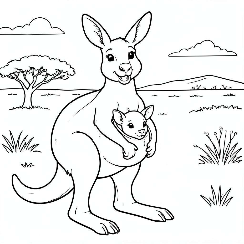 Kangaroo with Joey – A smiling kangaroo standing with a baby joey peeking from the pouch. Simple Australian outback background.
