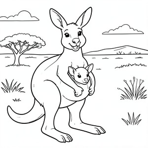 Kangaroo with Joey – A smiling kangaroo standing with a baby joey peeking from the pouch. Simple Australian outback background.
