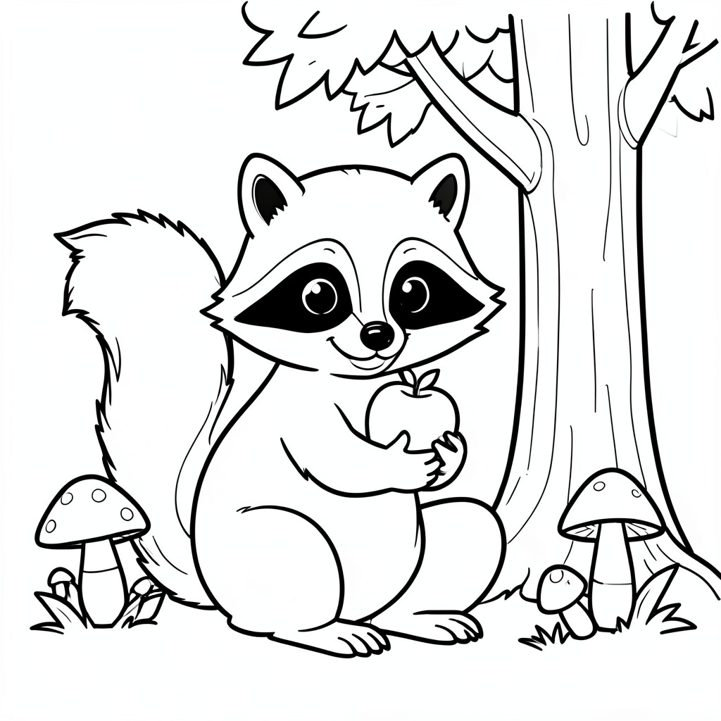Raccoon Holding an Apple – A cute raccoon sitting with an apple beside a tree and mushrooms. Bold simple outlines.

