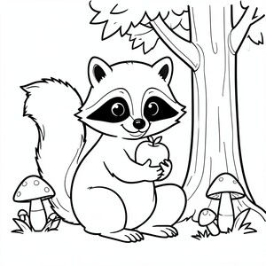 Raccoon Holding an Apple – A cute raccoon sitting with an apple beside a tree and mushrooms. Bold simple outlines.
