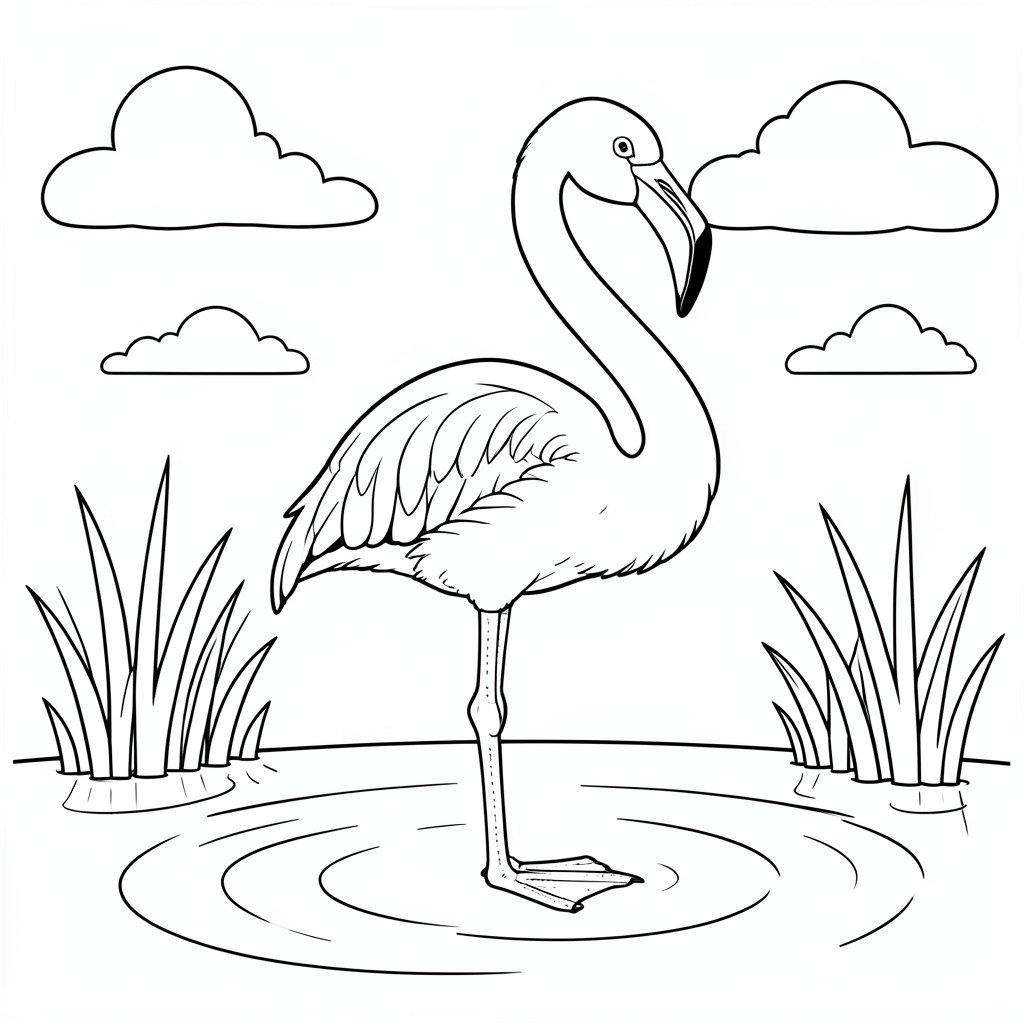 Flamingo Standing in Water – A graceful flamingo standing in shallow water with reeds and a few clouds.
