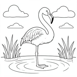 Flamingo Standing in Water – A graceful flamingo standing in shallow water with reeds and a few clouds.
